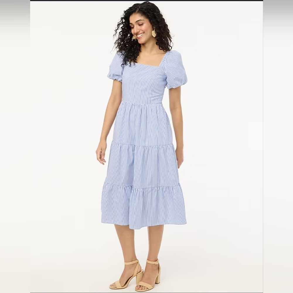 NWT J.Crew Tiered Midi Dress With Puff Sleeves Size 2 in Blue and White Stripe